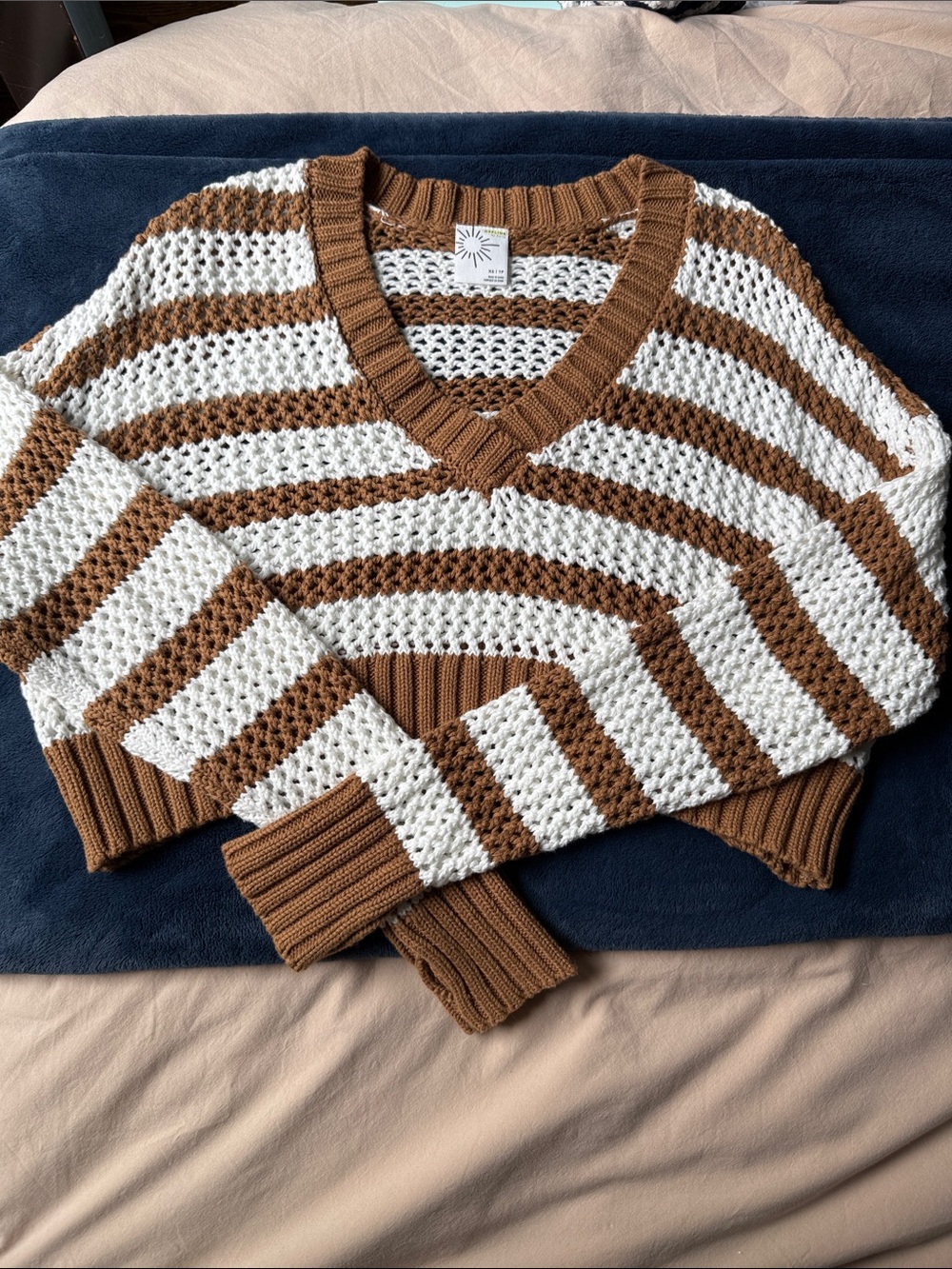 aerie Brown and White Striped V-Neck Sweater